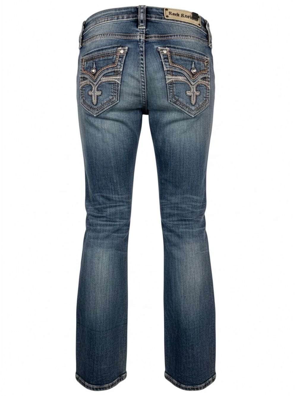 Rock Revival Women's Faded Blue Boot Cut Jeans with Embellished Pockets